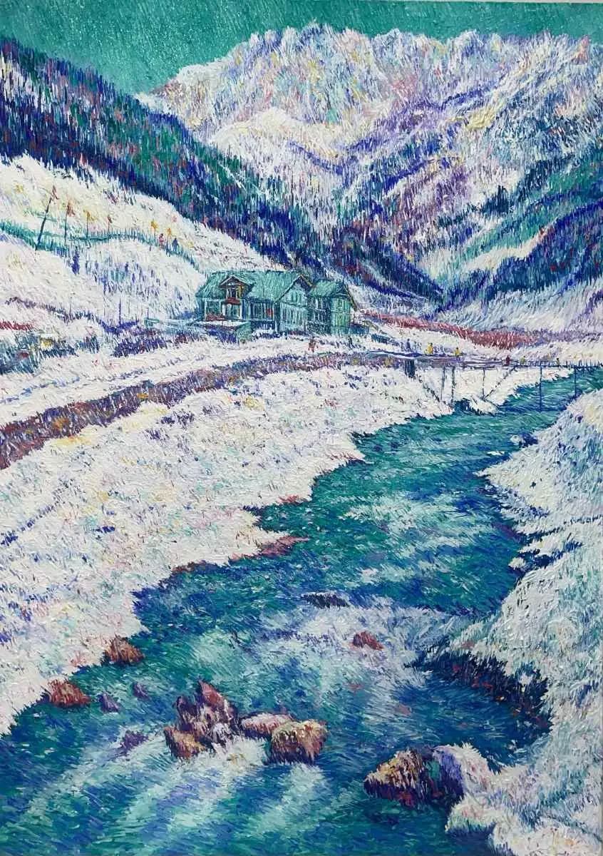 Winter’s Quiet River — Oil on canvas by Abid Khan